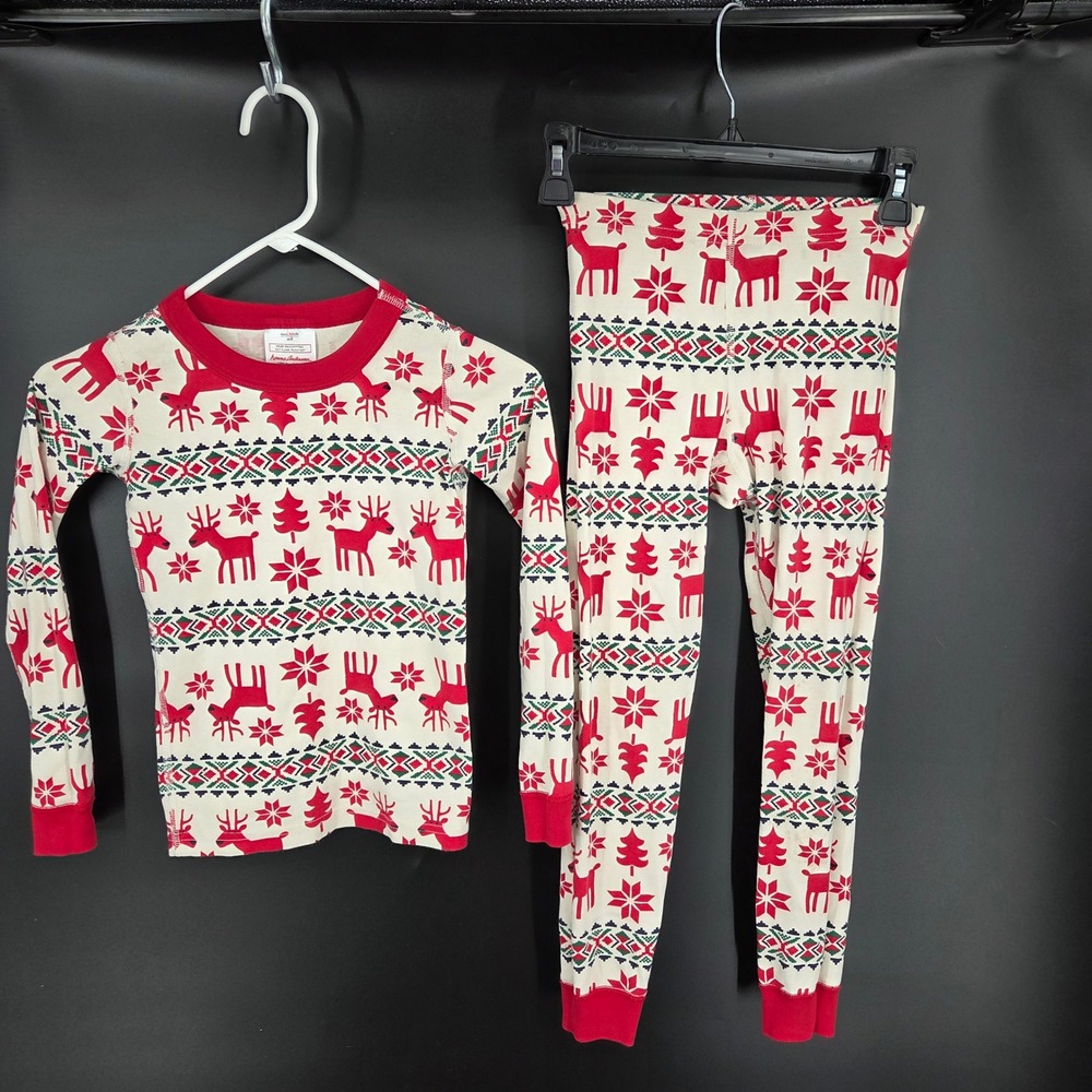 Hanna Andersson Kids 8 Reindeer Fair Isle Organic Cotton Pajama Set Red Cream - Picture 2 of 5